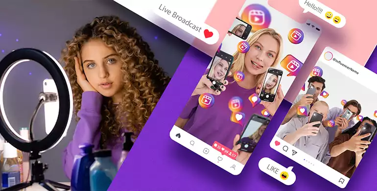 UI elements such as Instagram and an influencer created for social media using ring lights and smartphones with engagement icons