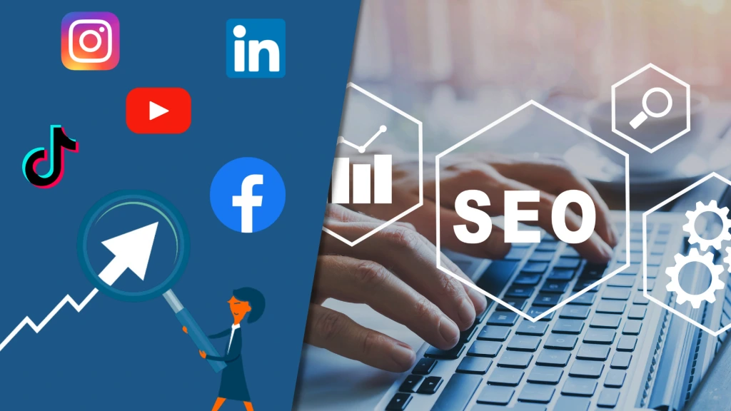 On one hand, typing on keyboard with split image showing social media platform icon and SEO graphics on the other, representing digital marketing strategies