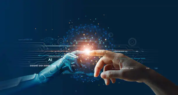 Robotic and human hands reach toward a glowing orb, symbolizing AI changing digital marketing in 2025.